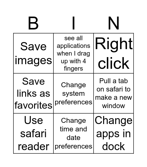 Things I can do Bingo Card