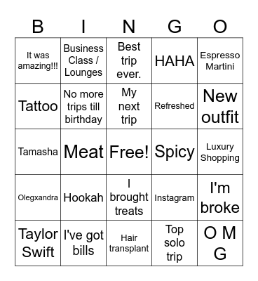 Latchman's vacation bingo Card