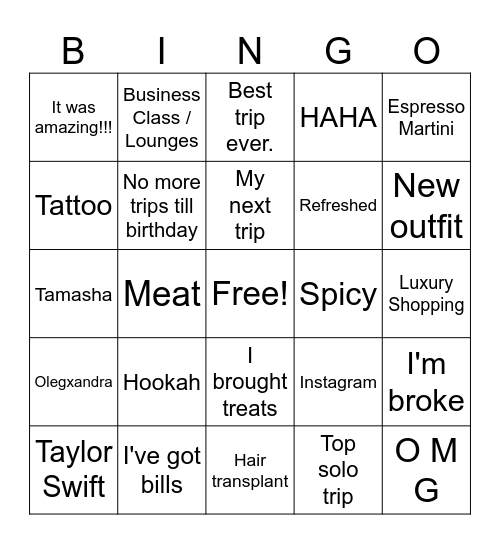 Latchman's vacation bingo Card