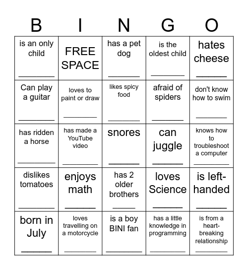 GET TO KNOW ME! Bingo Card