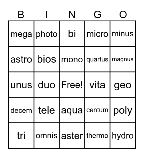 6th Grade - Greek & Latin Roots Bingo Card