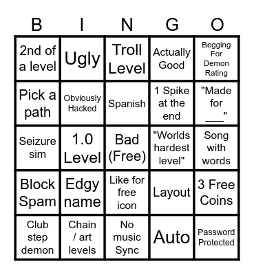 GD Recent levels Bingo Card