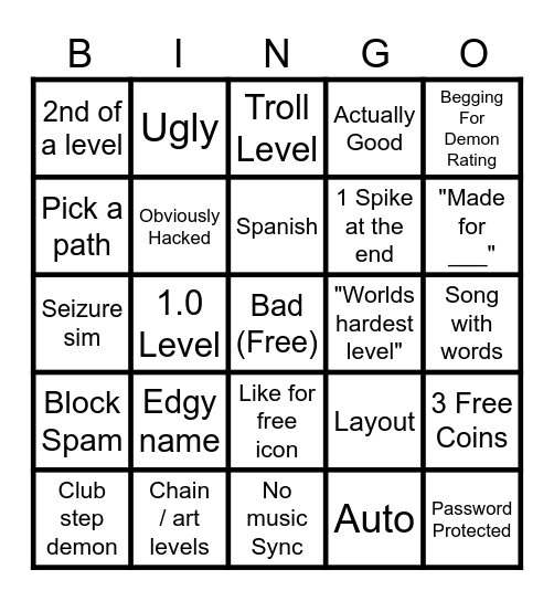 GD Recent levels Bingo Card