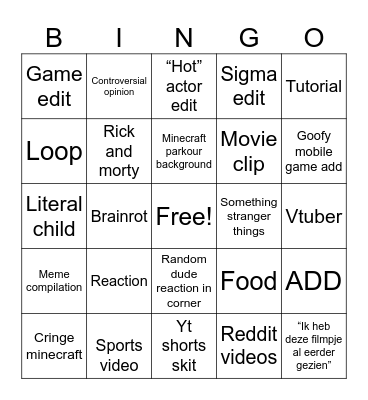 YouTube shorts Bingo Card