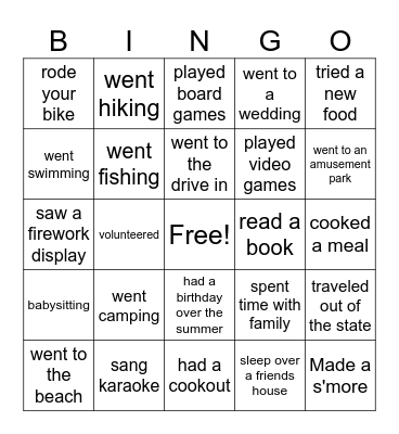 What did you do over the Summer!!!! Bingo Card