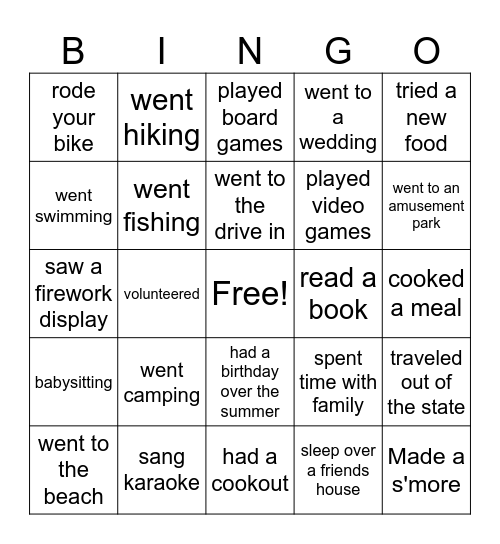 What did you do over the Summer!!!! Bingo Card