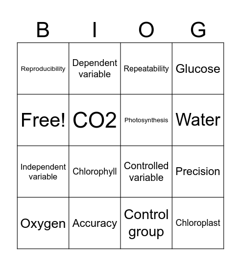 Photosynthesis Investigation Bingo Card