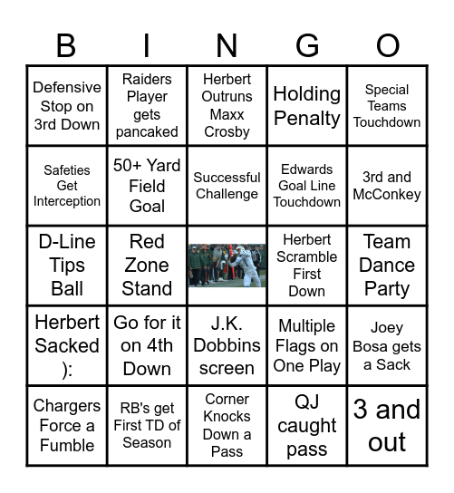 Chargers vs Raiders WK 1 Bingo Card