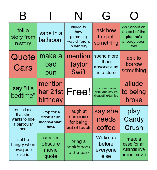 Disneyland Bingo Card