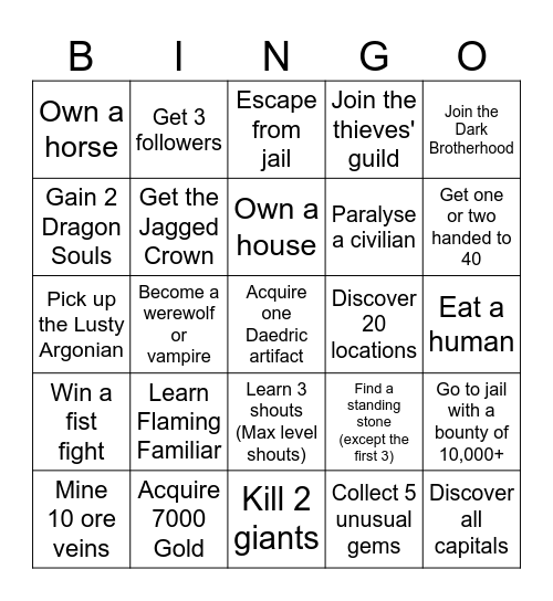 Skyrim Bingo Card