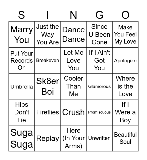 2000's Throwback Singo Bingo Card