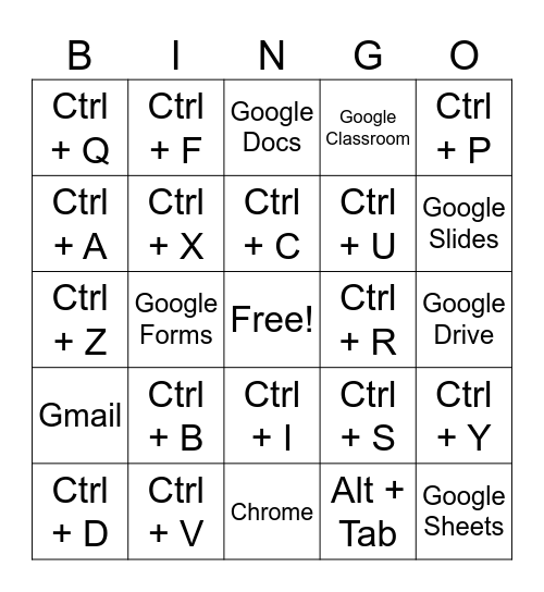 Keyboard Shortcuts Bingo Card