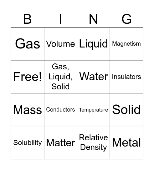 Properties Of Matter Bingo Card