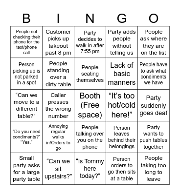 Tommy’s Customer Bingo Card