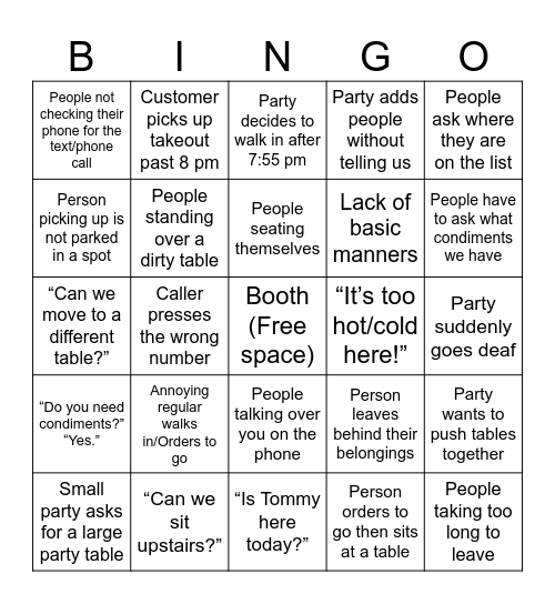 Tommy’s Customer Bingo Card