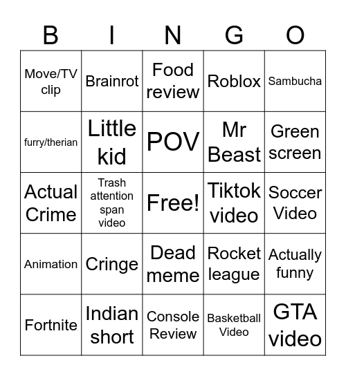 Youtube shorts BINGOOOOO Bingo Card