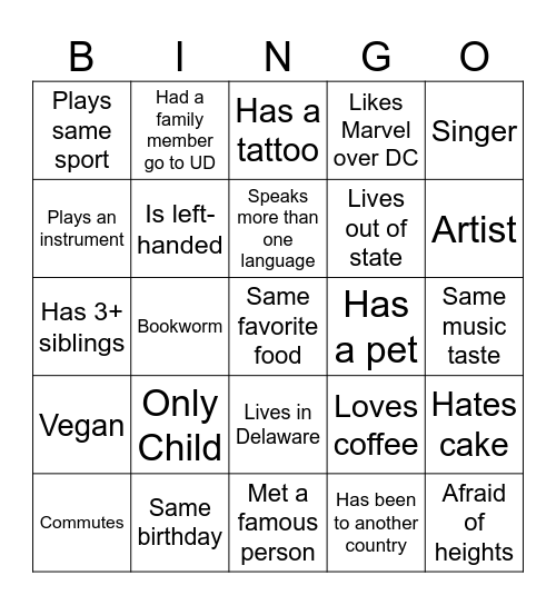 UNIV101 Introduction Bingo ! Bingo Card