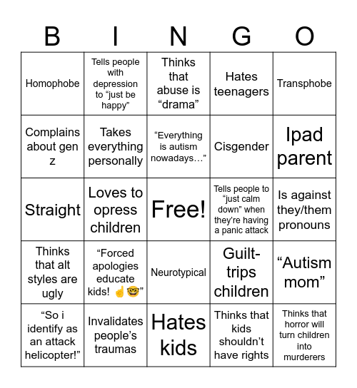 POV: Annoying people from Gen X Bingo Card