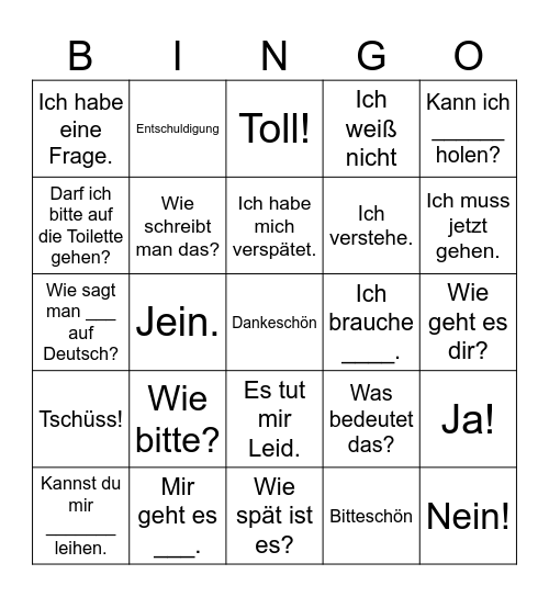 Ausdrücke im Klassenzimmer Bingo Card