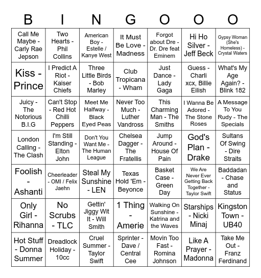 Musical Bingo Card