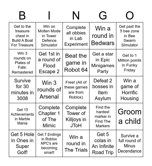 Roblox Bingo Card