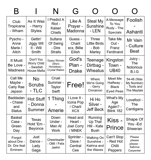 Musical Bingo Card