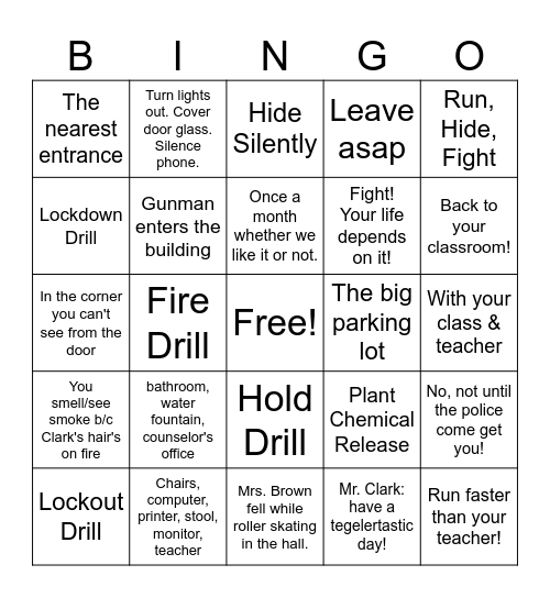Safety Drill BINGO Card
