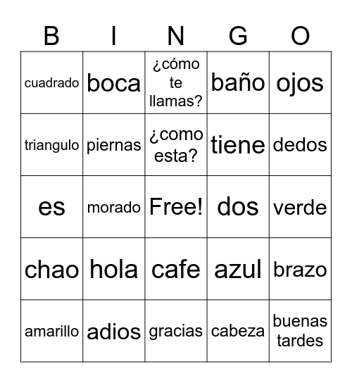vocabulario Bingo Card