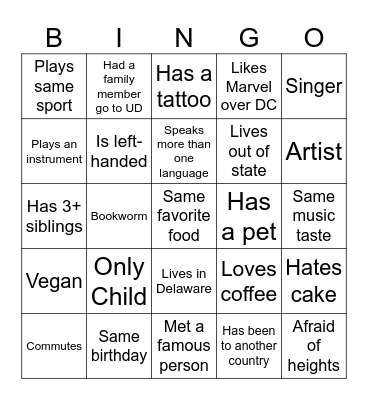 Honors UNIV101 Introduction Bingo! Bingo Card