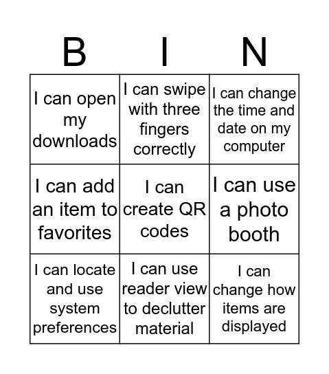 Today's learning Bingo Card