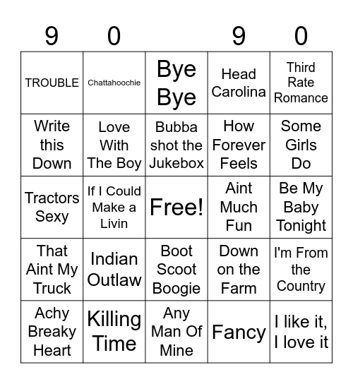 90s Country Bingo Card