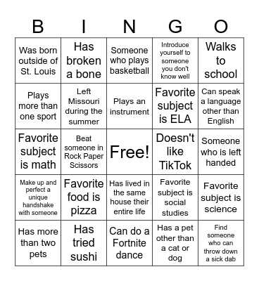 Back to School Bingo Card