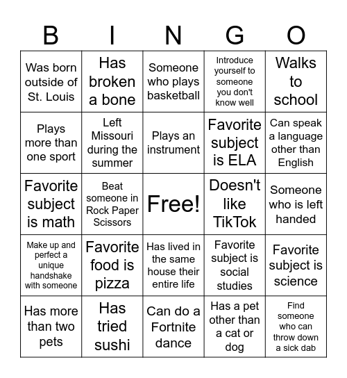 Back to School Bingo Card