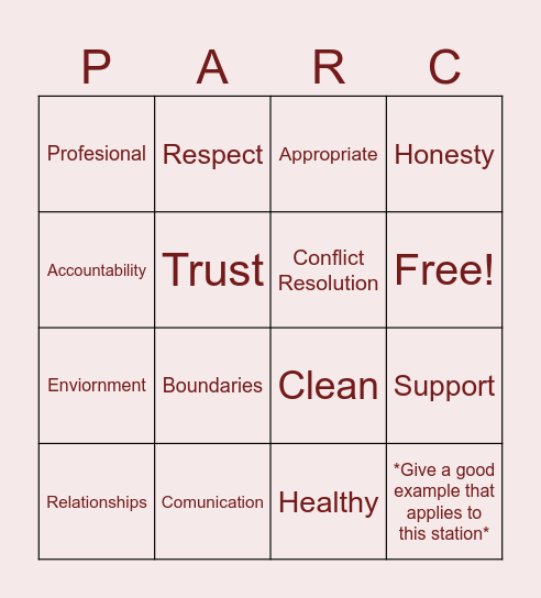P.A.R.C. Bingo Card