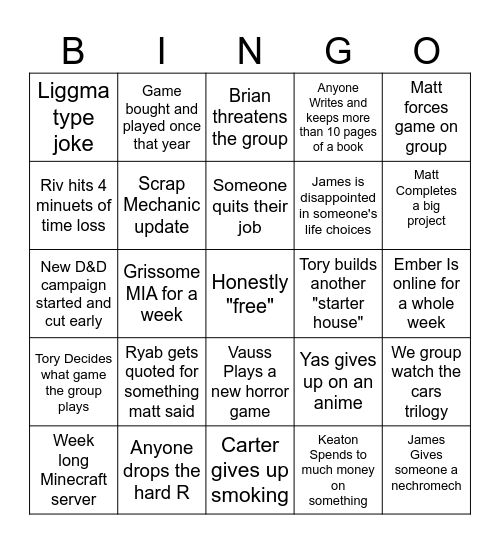 bob 2025 Bingo Card