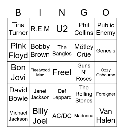 80's & 90's Artists Bingo Card