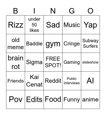 Tik Tok Bingo Card