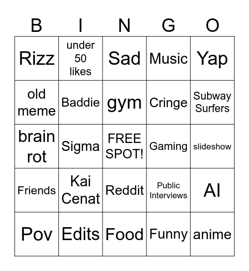 Tik Tok Bingo Card