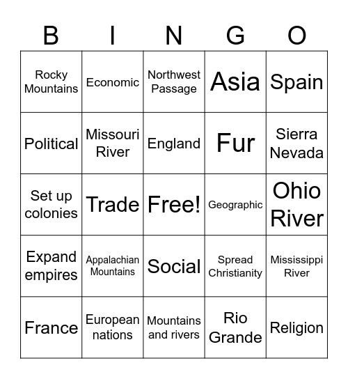 PEGS/Geography/Age of Exploration Bingo Card