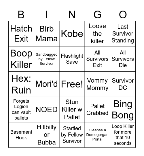 Dead by Daylight Bingo Card