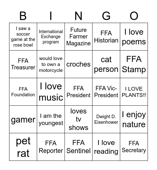 Palmdale FFA Officer Bingo Card