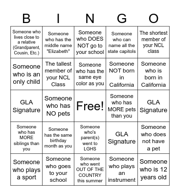 NCL Class of 2030 Bingo Card