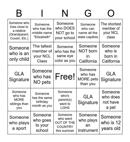 NCL Class of 2030 Bingo Card