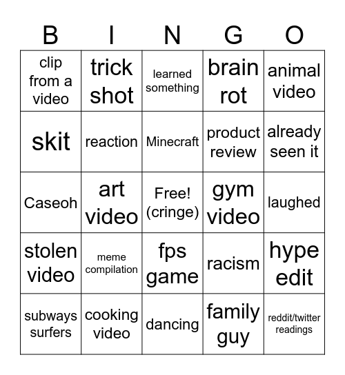 Yt shorts Bingo Card