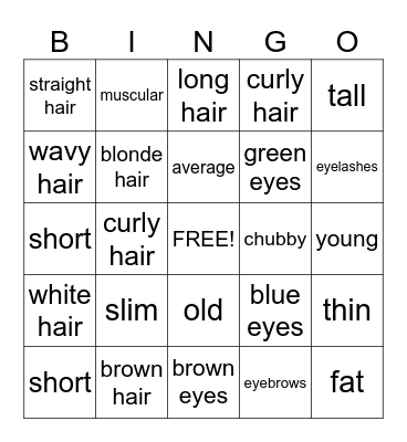 Physical Appearance Bingo Card