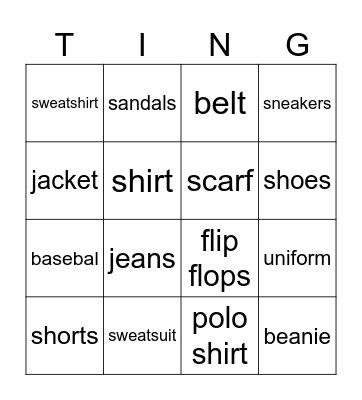 Clothes Bingo Card