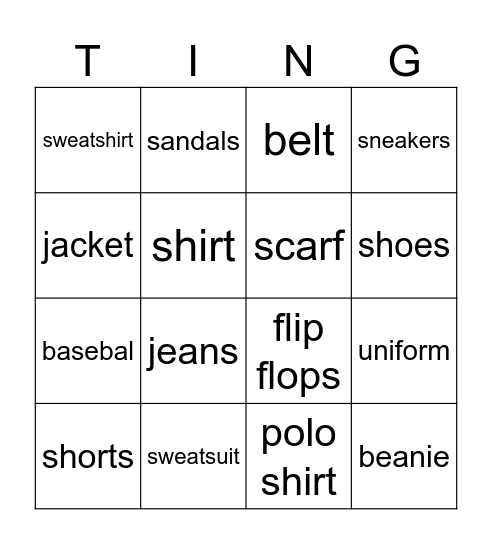 Clothes Bingo Card