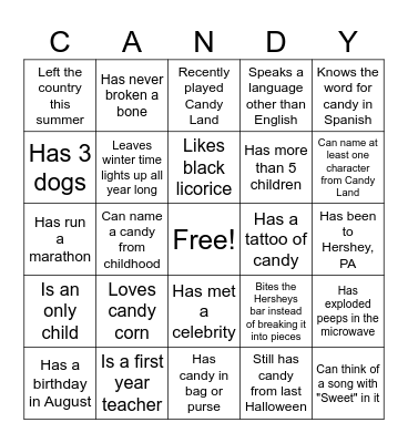 Scavenger Hunt Candy Bingo Card