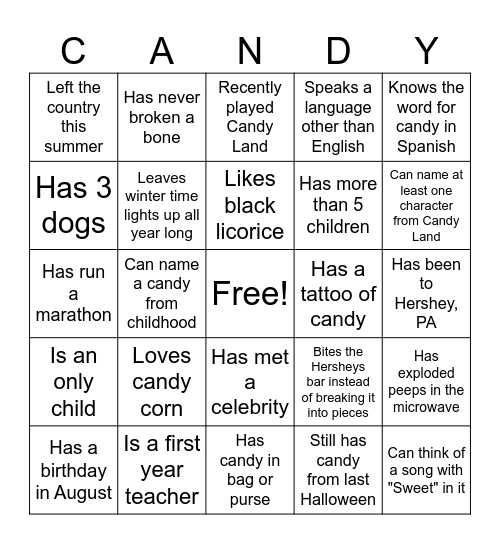 Scavenger Hunt Candy Bingo Card