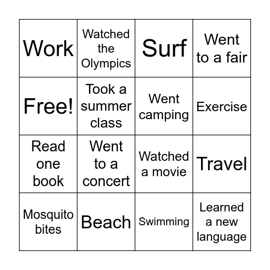 Summer Bingo Card